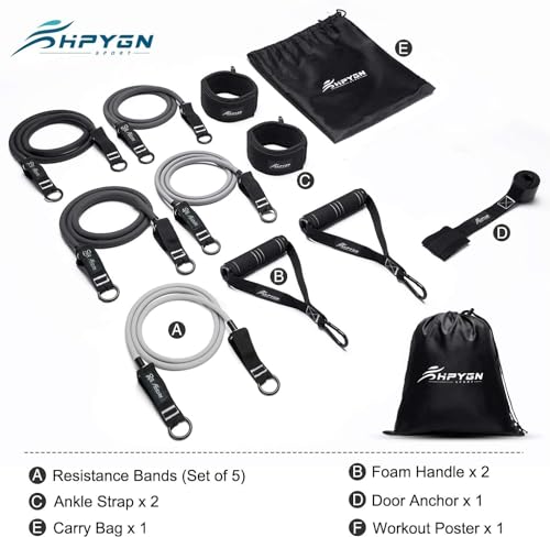 Resistance Bands Set, 150lb/200lb/250lb HPYGN Exercise Resistance Bands with Handles, 5 Tube Fitness Bands with Door Anchor, Handles, Portable Bag, Legs Ankle Straps for Muscle Training
