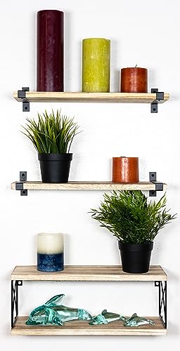 2 Moons Floating Shelves, Real Wood Wall Mounted for Bathroom, Living Room, Bedroom, Kitchen, 4 Shelf Group for Books, Storage, Plants, Decor, Over Toilet Paper (Light Brown)