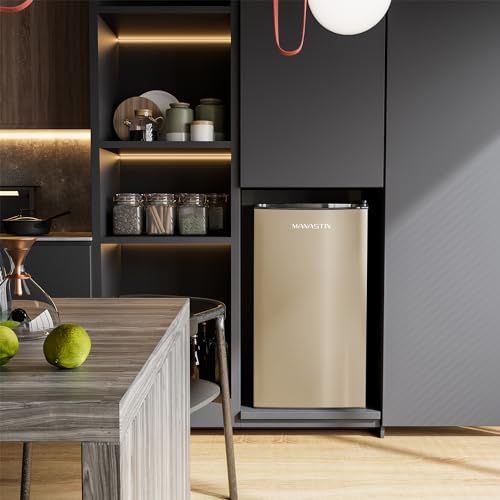 3.2 Cu. Ft Mini Fridge with Freezer for Bedroom, Dorm, Office, Compact Refrigerator with Adjustable Thermostat, Removable Glass Shelves and Reversible Door (Gold)