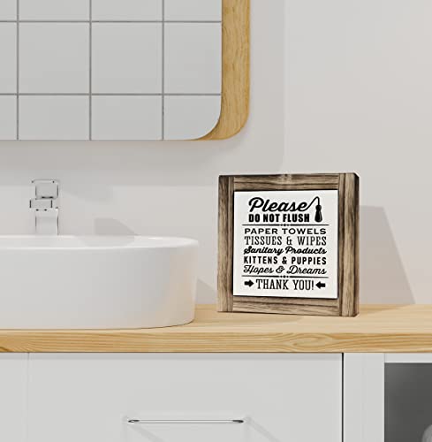 Funny Restroom Wood Plaque Sign, Do Not Flush Paper Towels Kittens, Box Wood Plaques Desk Décor 5.9×5.9×0.7inch, Bathroom Décor Sign, Humorous Bathroom Notice Plaques, Restroom Shelf Art Décor