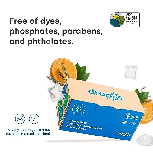 Dropps Stain & Odor Laundry Detergent Pods: Clean & Crisp | 64 Count | HE Compatible + All Washers | Cold Wash + All Temperatures | Tackles Tough Odors | Low Waste Packaging