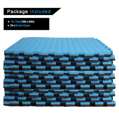 3/4 in Thick 48 Sq Ft EVA Foam Exercise Gym Mats 12 Pcs - Interlocking Puzzle Floor Tiles for Home Gym Heavy Workout Equipment Flooring - 24 x 24in Tile, Black & Blue