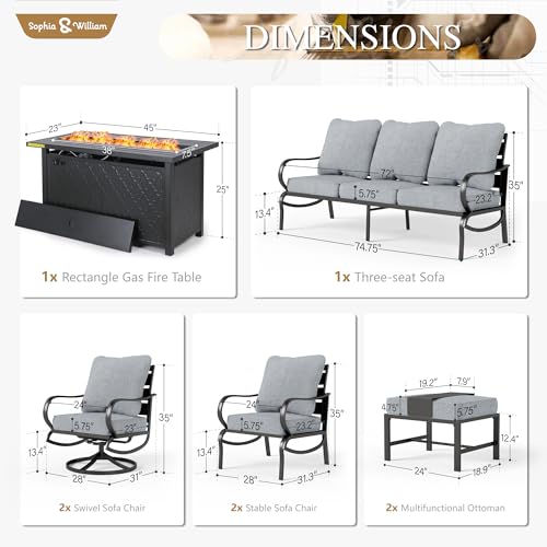 Sophia & William Patio Furniture Sets for 9 with 45" Gas Fire Pit Table Outdoor Conversation Sets 8 Pcs, 2xSofa Chairs, 2xSwivel Cushion Chairs, 1x3-Seat Sofa, 2xOttomans for Porch Poolside Grey