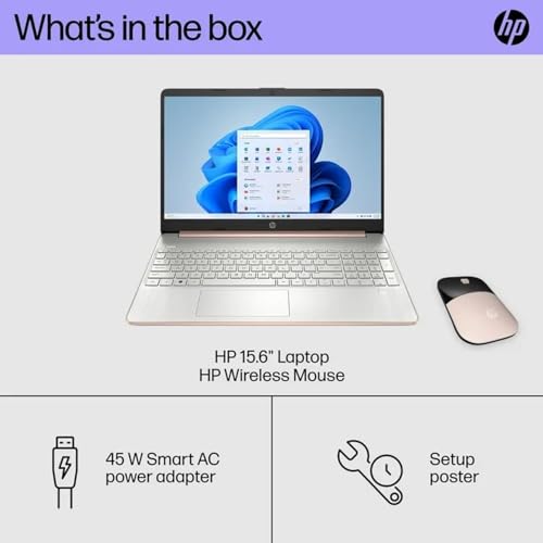 hp Newest 15.6 Laptop with Wireless Mouse and Fingerprint Reader, 16GB RAM, 256GB Storage(128GB SSD with 128GB Portable Drive), AMD Ryzen 3 Core, Long-Lasting Battery, Win11, Rose Gold