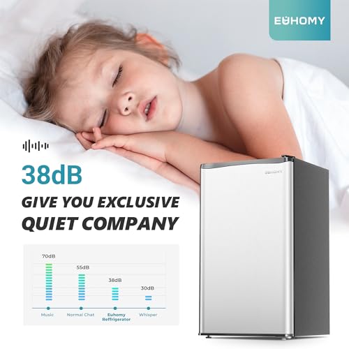 EUHOMY 3.2 Cu.Ft Mini Fridge with Freezer, Single Door Compact Refrigerator, LED light, Energy Saving, Mini Refrigerator Adjustable Thermostat, Mini fridge for Bedroom, Dorm, Office, Silver