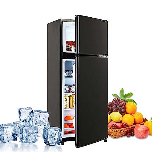 Compact Refrigerator Double Door Mini Fridge with Freezer, 3.5 CU FT Mini Refrigerator with 7 Level Adjustable Thermostat for Office, Dorm, Apartment, Black