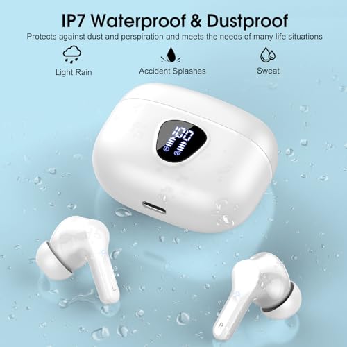 Wireless Earbuds Bluetooth 5.3 Headphones, 40H Playback HiFi Stereo Ear Buds with LED Display, Noise Cancelling Earbuds, IP7 Waterproof in-Ear Earphone for iOS Andriod Sport/Workout/Running/White