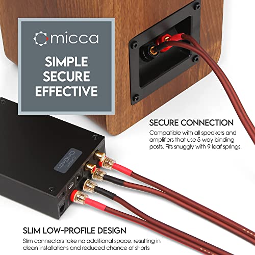 Micca 14 Gauge Pure Copper Speaker Wire, 12 Feet 2 Pack, Gold Plated Banana Plugs, Soldered Construction, Slim Design, 245 Strands, for Stereo or Home Theater, 4 Meters Pair