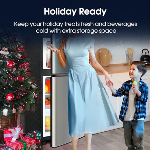 3.2 Cu.Ft Mini Fridge with Freezer, Double Door Compact Refrigerator, Small Refrigerator with Freezer, Temperature Control, Adjustable Shelves, Mini Fridge for Office, Bedroom, Dorm, Garage, RV