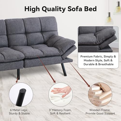 Futon Couch, Convertible Futon Sofa Bed, Memory Foam 70" Futon Sofa, Adjustable Sleeper Sofa, Modern Loveseat Sofa Bed for Compact Space,Living Room, Office, Apartment, Grey, Updated Quality