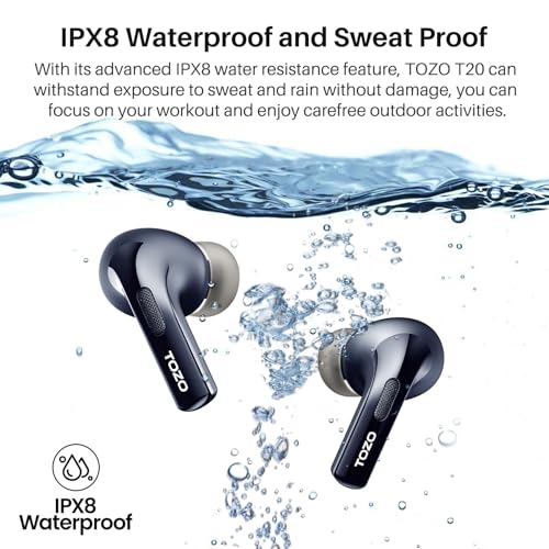 TOZO T20 Wireless Earbuds Bluetooth Headphones 48.5 Hrs Playtime with LED Digital Display, IPX8 Waterproof, Dual Mic Call Noise Cancelling 10mm Broad Range Speakers with Wireless Charging Case Blue