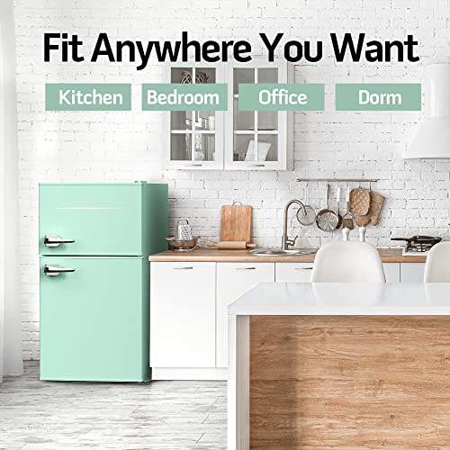 Frestec 3.2 Cu.Ft Mini Fridge for Bedroom, Mini Refrigerator with freezer, Dorm Fridge with Freezer, 2 Doors Perfect for Room and Office, Adjustable Temperature(with Handle, Green)