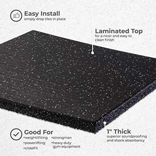 Genaflex Pro Heavy Duty Thick Rubber Gym Floor Tiles High Density Shock Absorbent Laminated Deadlift Mats - 1" Thick X 20" W X 20" L - 2.7 Sq. Ft.