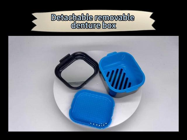 BVN Denture Case Denture Cup for Soaking Dentures Retainer Cleaner Case with Mirror Mouth Guard Case False Teeth Container White Blue