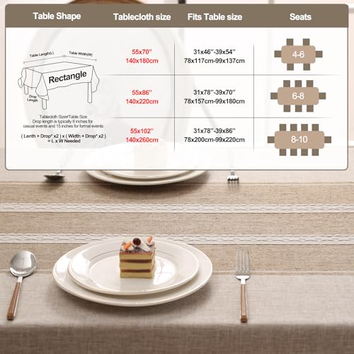EMART Table Cloth for Rectangle Tables, Cotton Linen Waterproof Tablecloth with Tassels for Kitchen Dining Decoration, Rustic Style Tablecloth - Coffee Stripes, 55" X 70", 4-6Seats