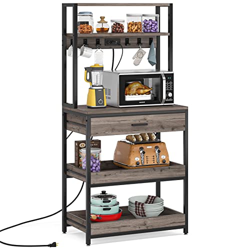 Tribesigns Bakers Rack with Power Outlets, 5-Tier Kitchen Storage Shelf, Microwave Oven Stand with Drawer, 65”H Coffee Bar Table, Kitchen Rack with Sliding Shelves and 6 Hooks, Grey