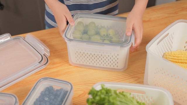 5 PCS Large Fruit Containers for Fridge - Leakproof Food Storage Containers with Removable Colander - Dishwasher & microwave safe Produce Containers Keep Fruits, Vegetables, Berry, Meat Fresh longer