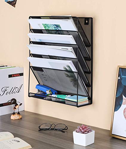 EasyPAG Wall File Organizer 5 Tier Vertical Hanging File Organizer Wall Mount File Holder Paper Folder Rack with Bottom Flat Tray for Office and Home,Black