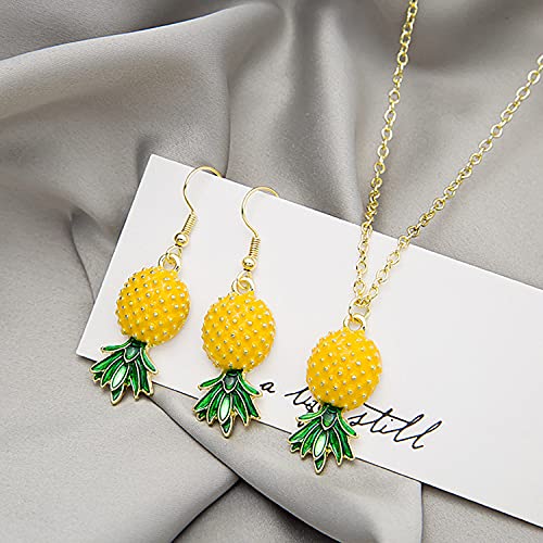 Tropical 2pcs Yellow Ruit Green Leaf Pineapple Earings Pendant Necklace Suit for Women Fashion Dangle Earings Jewellery