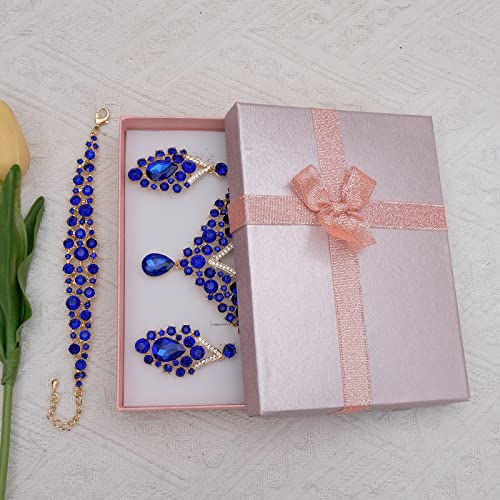 Women's Statement Necklace Earrings Link Bracelet Set for Bride Austrian Crystal Wedding Bridal Costume Jewelry Sets