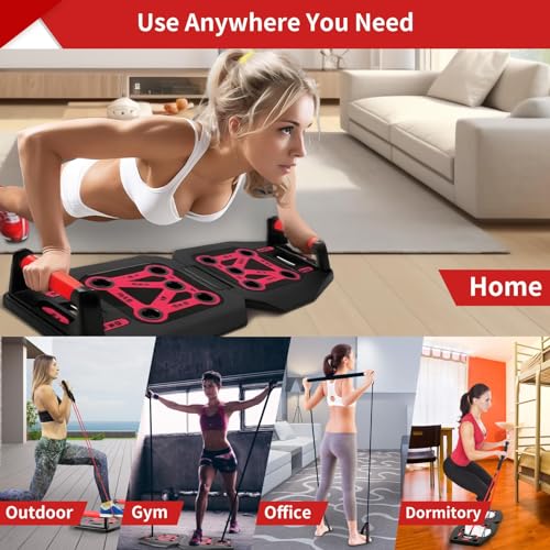 Home Gym Exercise Equipment - Portable Workout System 17 Fitness Accessories 9 in1 Push Up Board Set, Resistance Bands with Pilates Bar Strength Training Abs Shoulders Back Butt
