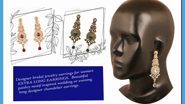 Touchstone "Hollywood Glamour Oscar Collection" Extra Long Chandelier Earrings Indian Paisley Motif Designer Bridal Jewelry In Antique Gold or White Tone for Women.