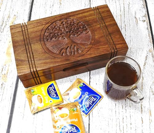 Wooden Tea Box - Tea Box for Tea Bags Organiser - Engraved Hardwood Tea Chest with 6 Compartments - Tea Storage Box Multi Functional - Wood Tea Box Organiser - 10 x6 inch (6 compartment box)