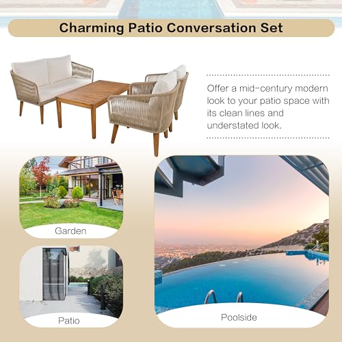 Merax 4-Piece Patio Furniture, Outdoor PE Rattan Conversation Sets 1 Loveseat, 2 Chairs and Acacia Wood Coffee Table for Backyard, Deck, Poolside, Garden, Beige Cushion + Natural Rope