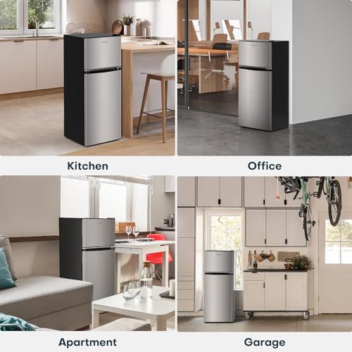 Upstreman 4.0 Cu.Ft. Mini Fridge with Freezer, Double Door, Mini Fridge for Office, Dorm, Bedroom, Adjustable Thermostat, Large Capacity, Stainless-SR401