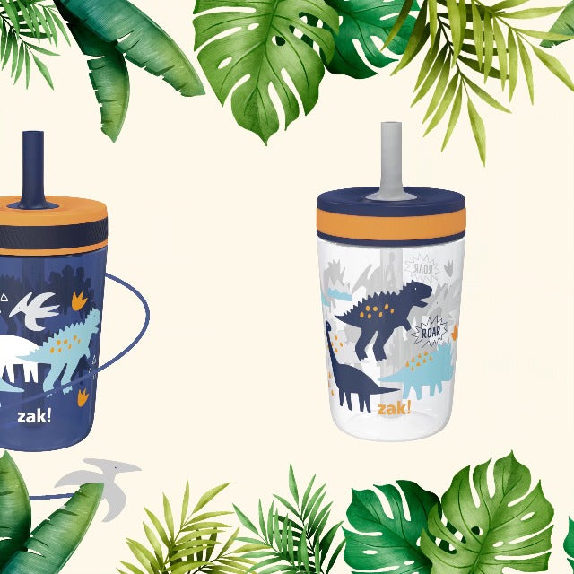 Zak Designs Kelso Toddler Cups For Travel or At Home, 15oz 2-Pack Durable Plastic Sippy Cups With Leak-Proof Design is Perfect For Kids (DinoRoar, Zaksaurus)