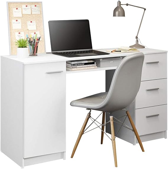 Madesa Computer Desk with 3 Drawers, 1 Door and 1 Storage Shelf, Wood Writing Home Office Workstation, Office Desk with Drawers - 30” H x 18” D x 53” W - White