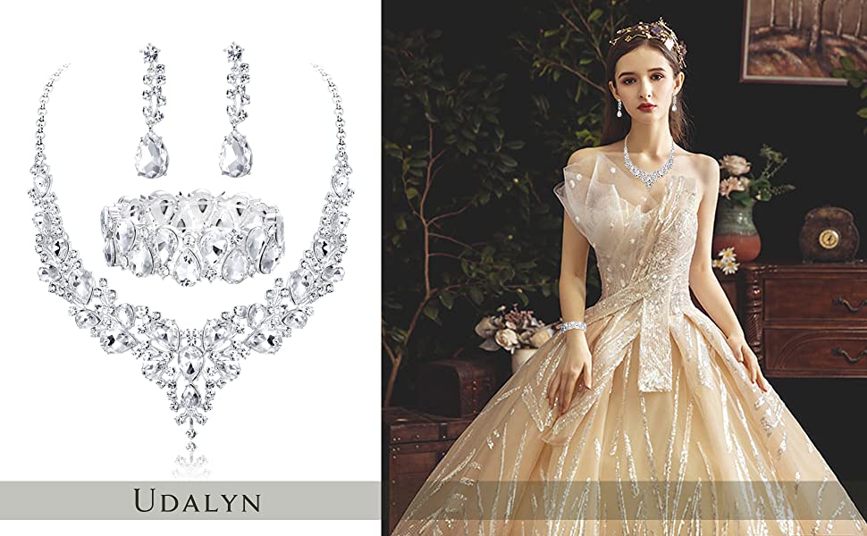 Udalyn Crystal Bridal Jewelry Sets for Women Necklace Earrings Bracelet Set for Wedding Rhinestone Bridesmaid Gifts fit with Wedding Dress
