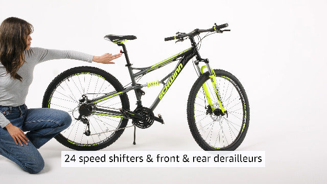 Schwinn Traxion Mens and Womens Mountain Bike, 29-Inch Wheels, 24-Speed Shifters, Full Suspension, Mechanical Disc Brakes, Blue/Grey