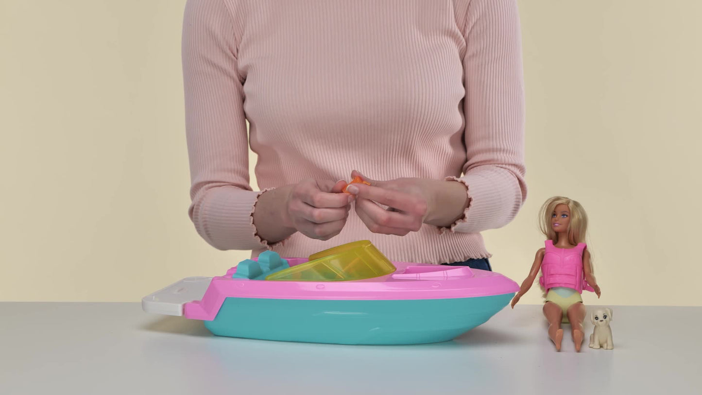 Barbie Doll and Boat Playset with Pet Puppy, Life Vest and Beverage Accessories, Fits 3 Dolls and Floats in Water