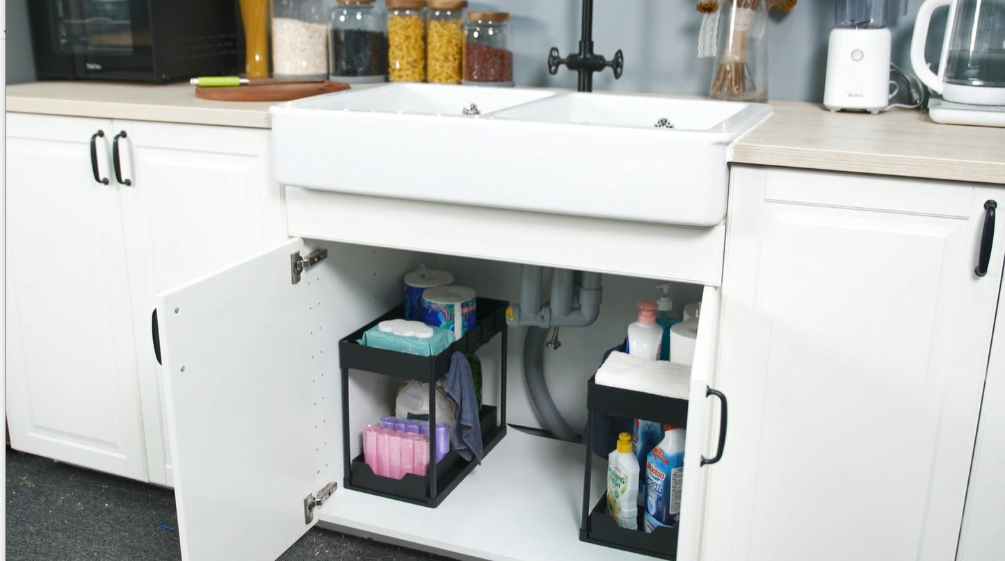 DEKAVA Under Sink Organizer 2 Pack, Bathroom Cabinet Organizer, 2 Tier Sliding Cabinet Basket Organizer Drawer, Multi-Purpose Bath Collection Baskets for Bathroom (Black)