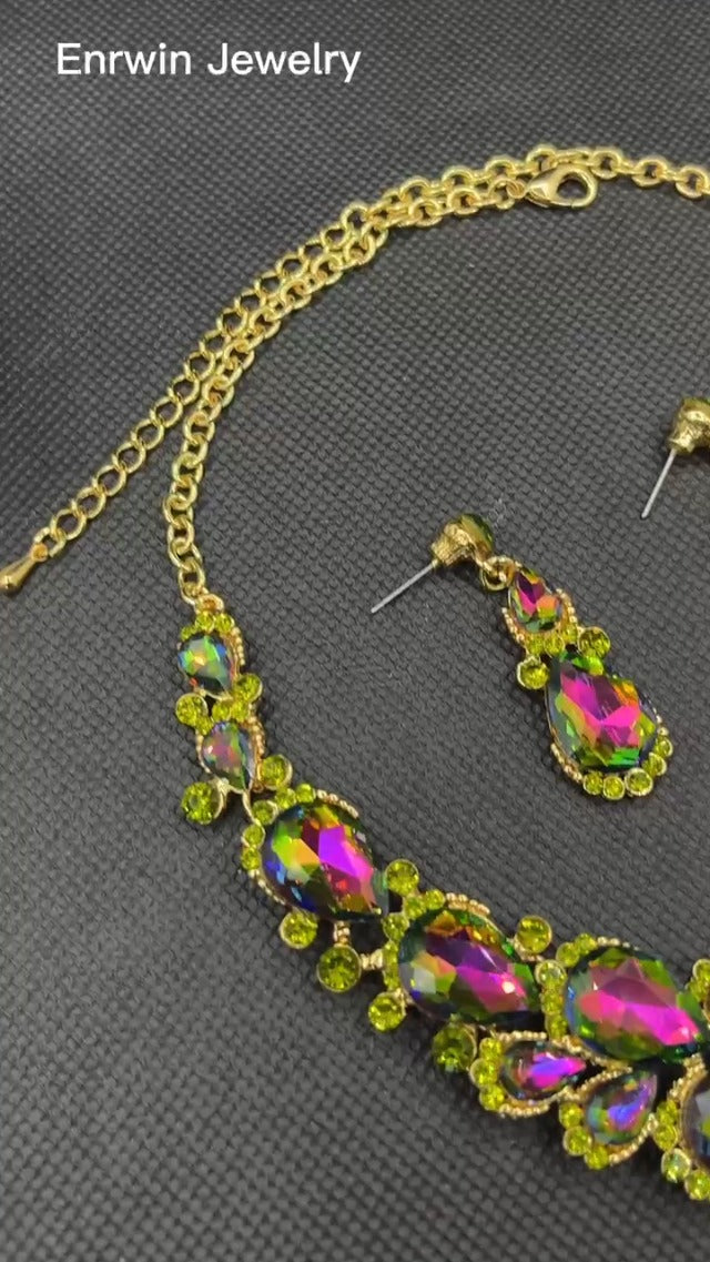 Women's Wedding Bridal Austrian Crystal Glass Teardrop Costume Statement Necklace Dangle Earrings Wedding Party Prom Jewelry Set for Bridal Bridesmaid