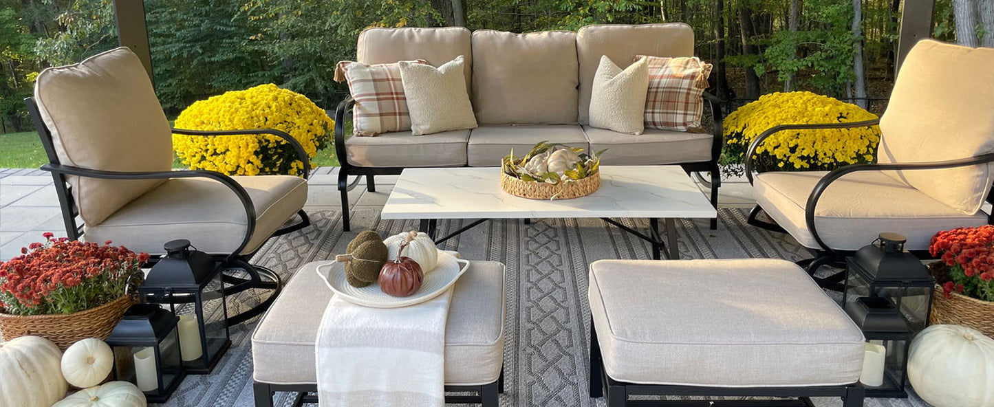 PHI VILLA 5 PCS Patio Furniture Sets with 1 x 3 Seater 5.75" Cushioned Deep Seating Bench, 2 x Swivel Sofa Chairs & 2 x Metal Cushioned Ottoman, Outdoor Furniture Deluxe Patio Set for Garden
