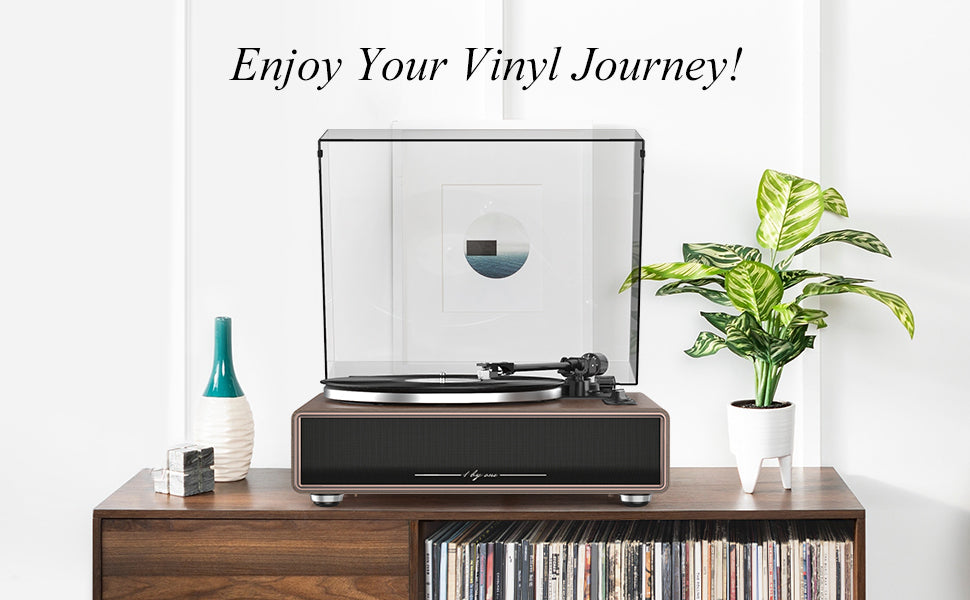 1 by ONE High Fidelity Belt Drive Turntable with Built-in Speakers, Vinyl Record Player with Magnetic Cartridge, Bluetooth Playback and Aux-in Functionality, Auto Off