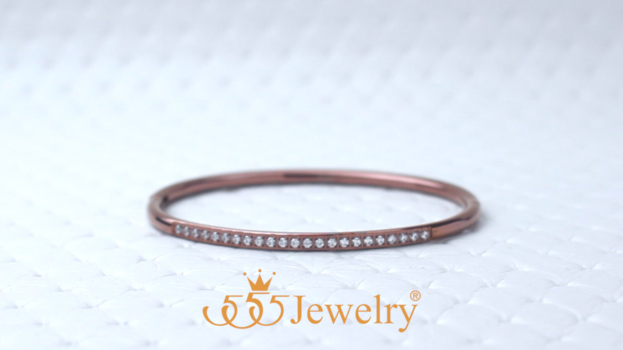 555Jewelry Stainless Steel & CZ Hinged Oval Cuff Bangle Bracelet for Women