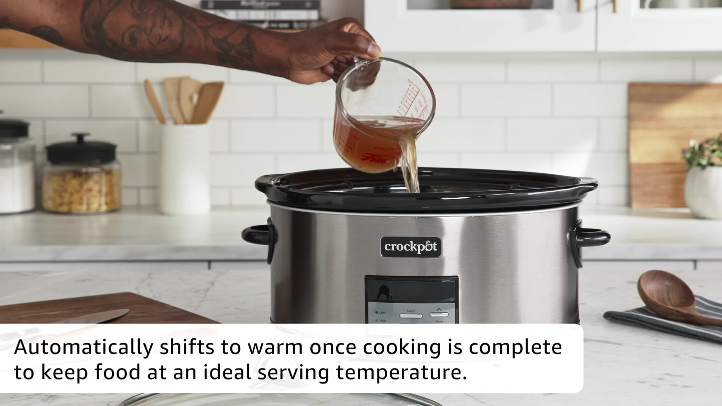 Crock-Pot Large 8-Quart Programmable Slow Cooker with Auto Warm Setting, Black Stainless Steel, Includes Cookbook (Pack of 1)