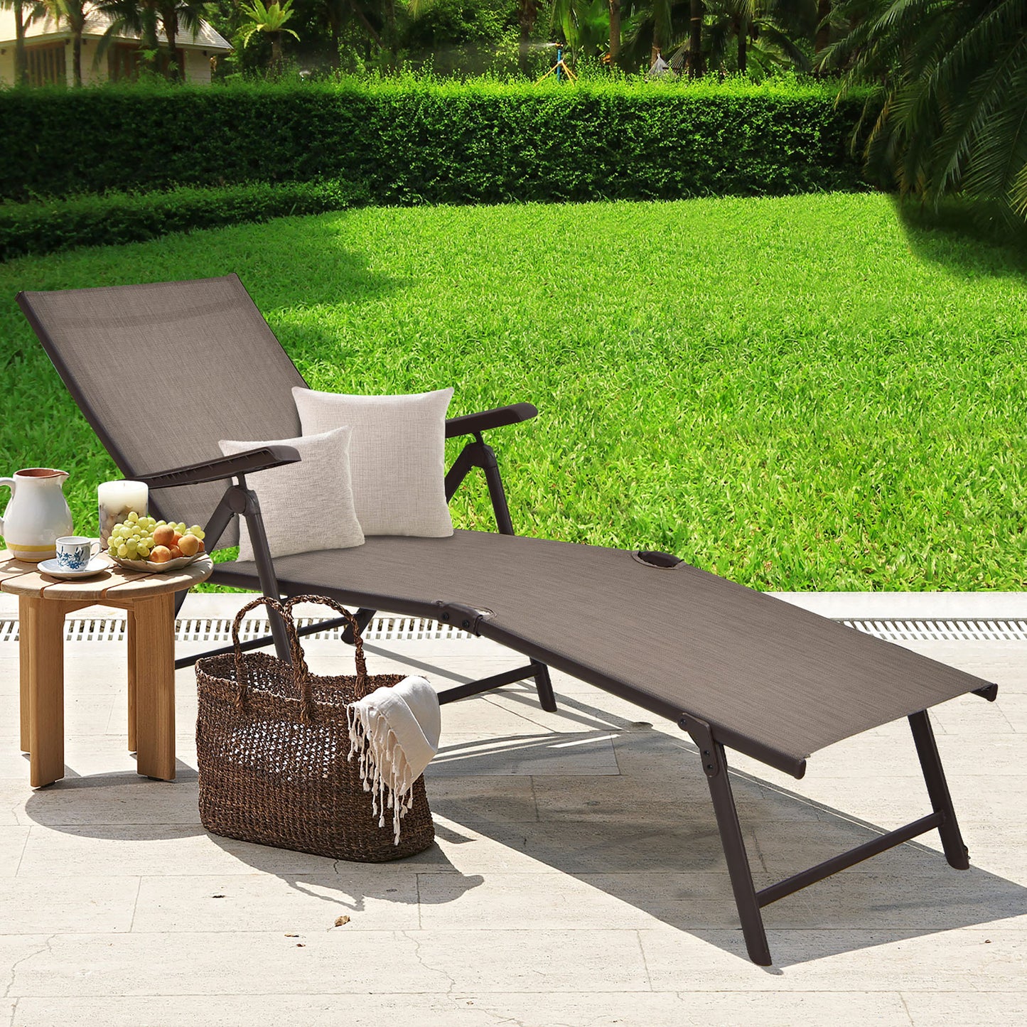 Gymax Set of 2 Outdoor Adjustable Chaise Lounge Chair Patio Folding Recliner Lounge Brown