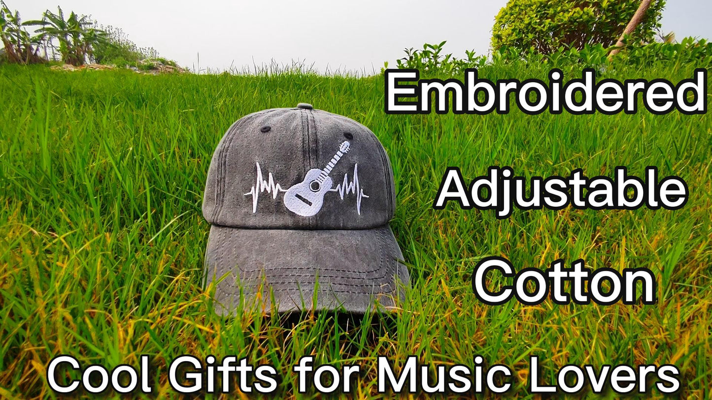 Guitar Heartbeat Hats for Guitarist Musician, Adjustable Embroidered Vintage Cotton Baseball Caps for Men Women