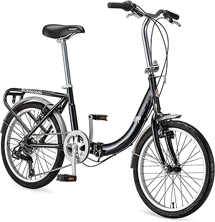 Schwinn Loop Folding Bike for Adult Men Women, 20-inch Wheels, 7-Speed Drivetrain, Rear Cargo Rack, Carrying Bag Included for Storage