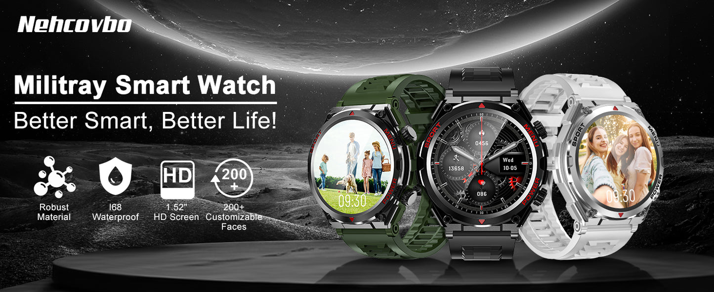 Military Smart Watch for Men Women, 1.52" HD Bluetooth Fitness Tracker for iPhone Android iOS , IP68 Waterproof Fitness Watch with Answer, Make Call, Heart Rate, Sleep Monitor, 100+ Sport Modes -Black