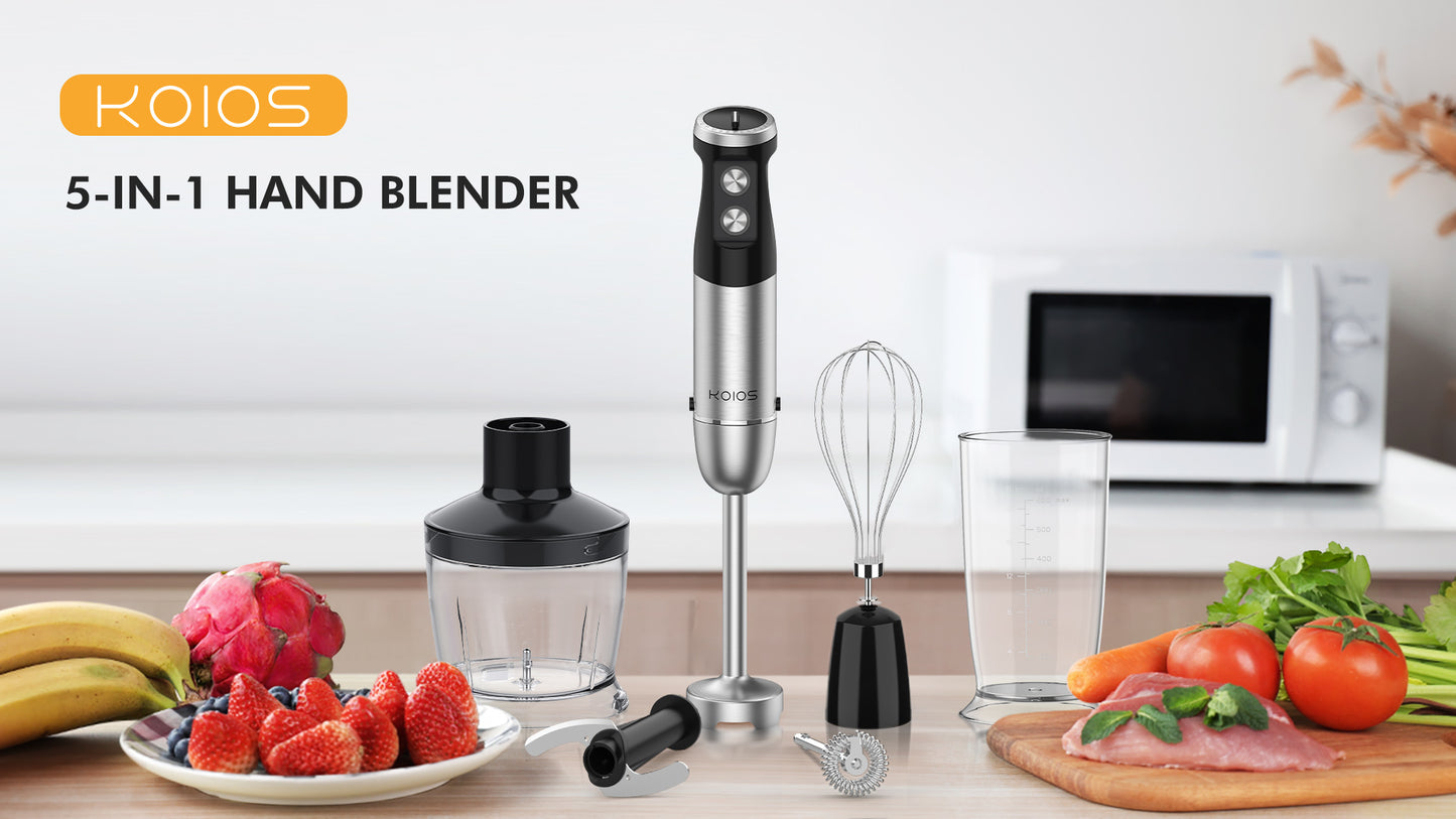 KOIOS 1000W Immersion Hand Blender, Upgrated 5-in-1 Handheld Blender, Full Copper Motor, Titanium Enhanced Blender Shaft, 12-Speeds, 600ml Mixing Beaker, 500ml Chopper, Whisk & Milk Frother