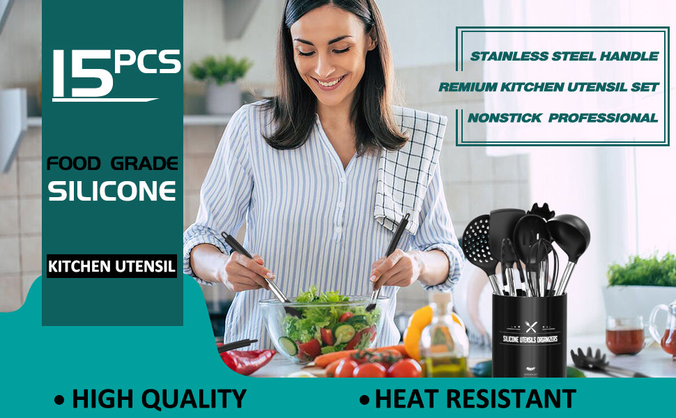 Silicone Cooking Utensil Set, Umite Chef 15pcs Silicone Cooking Kitchen Utensils Set, Non-stick - Best Kitchen Cookware with Stainless Steel Handle - Black