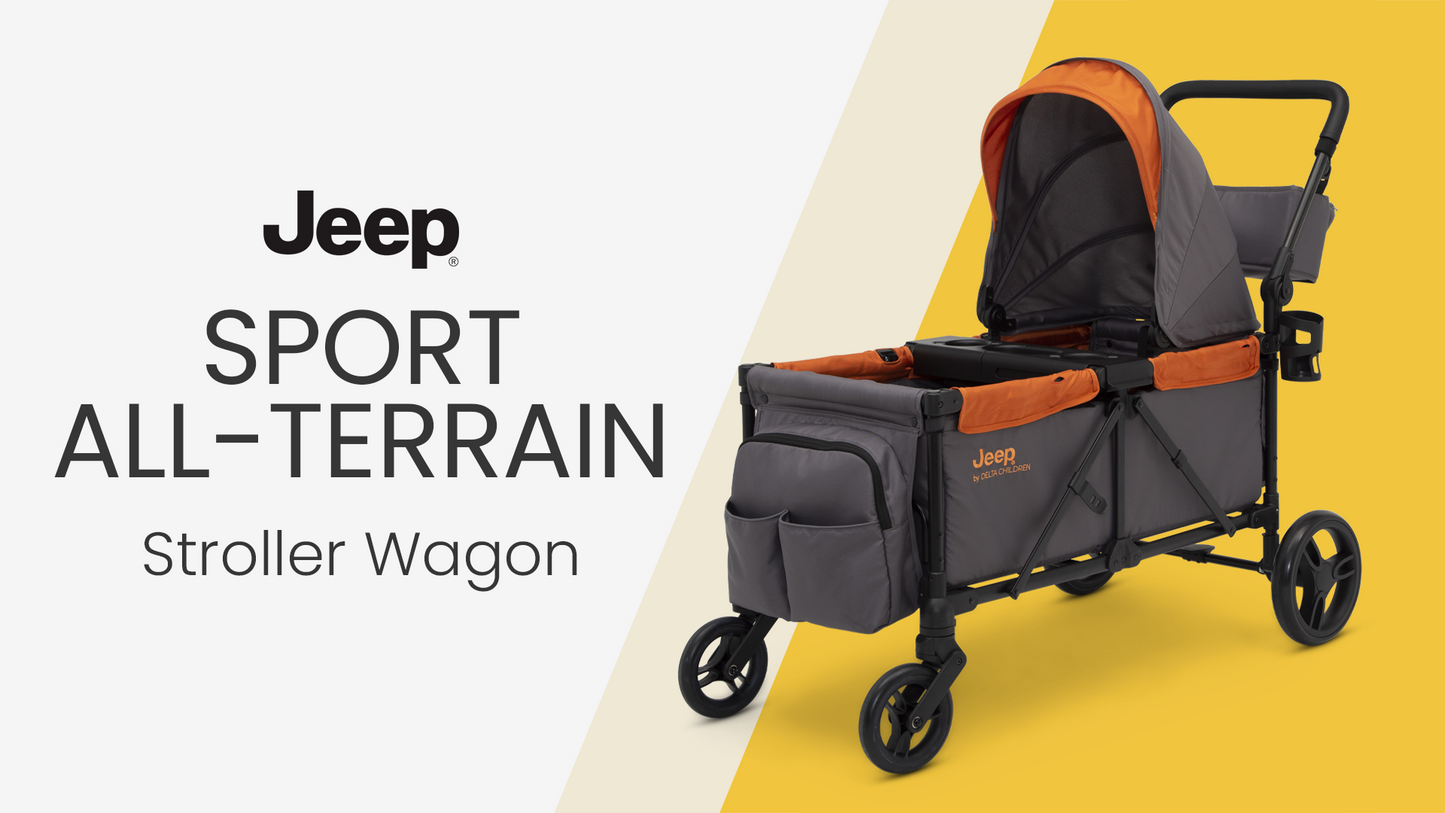 Jeep Sport All-Terrain Stroller Wagon by Delta Children - Includes Canopy, Parent Organizer, Adjustable Handlebar, Snack Tray & Cup Holders, Grey/Bonfire