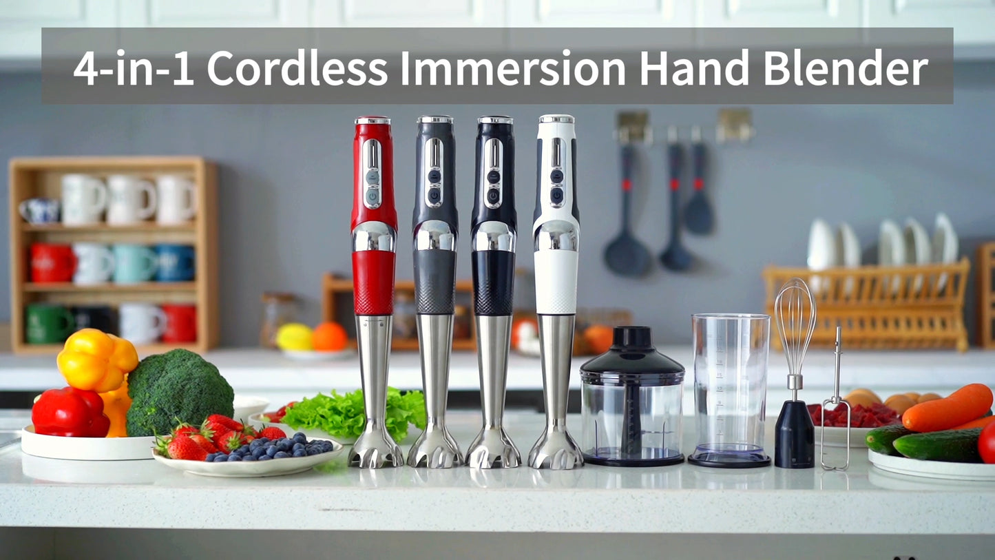 Cordless Immersion Blender: 4-in-1 Rechargeable Electric Hand Blender, 21-Speeds & 3-Angle Adjustable with 700ml Chopper, 700ml Beaker, Egg Whisk and Beater for Smoothies, Soup, Baby Food (Black)