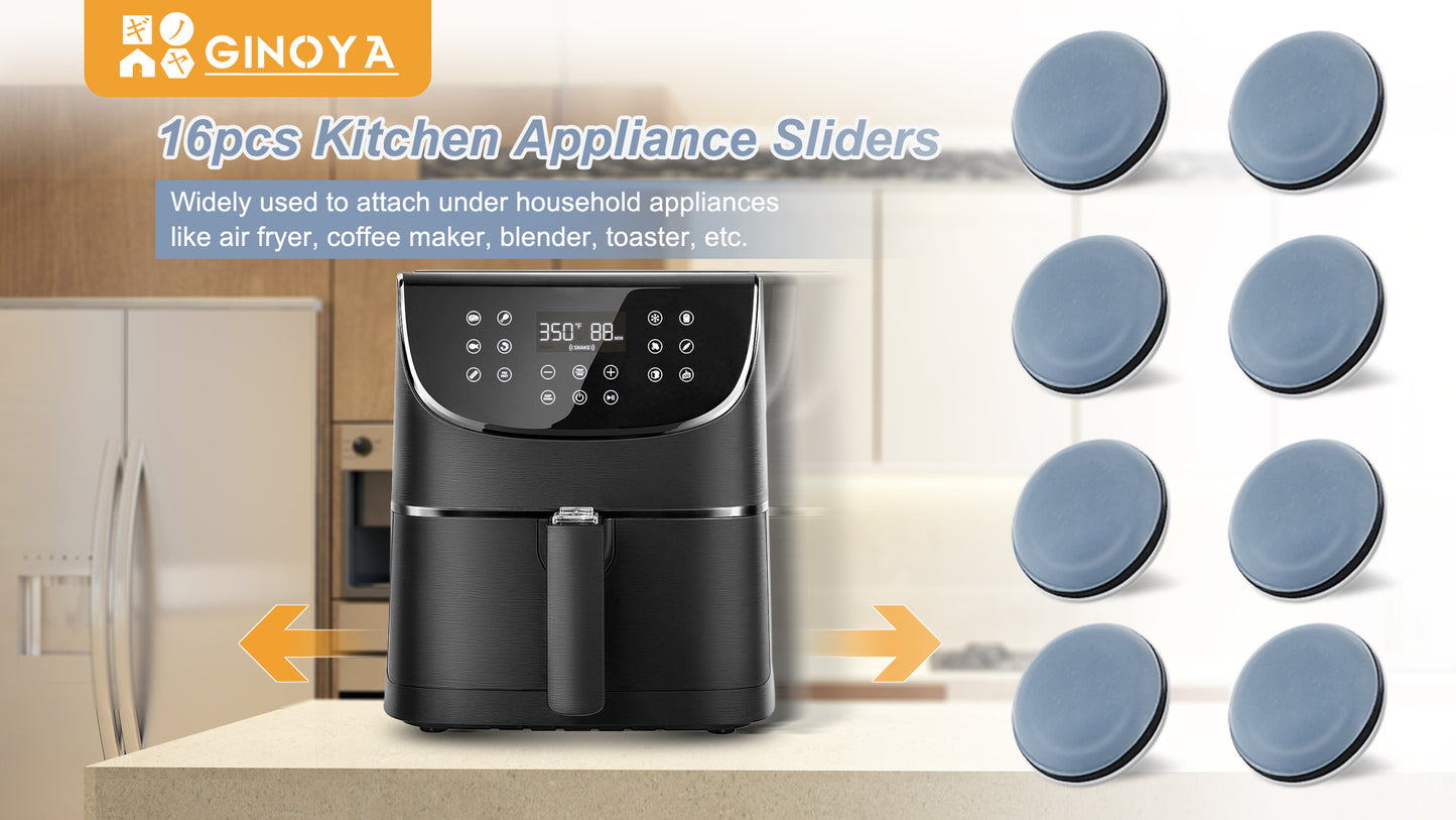 Kitchen Appliance Sliders, 16pcs DIY Adhesive Appliance Movers for Air Fryer Coffee Maker Easy Moving Saving Space (Grayish Blue)