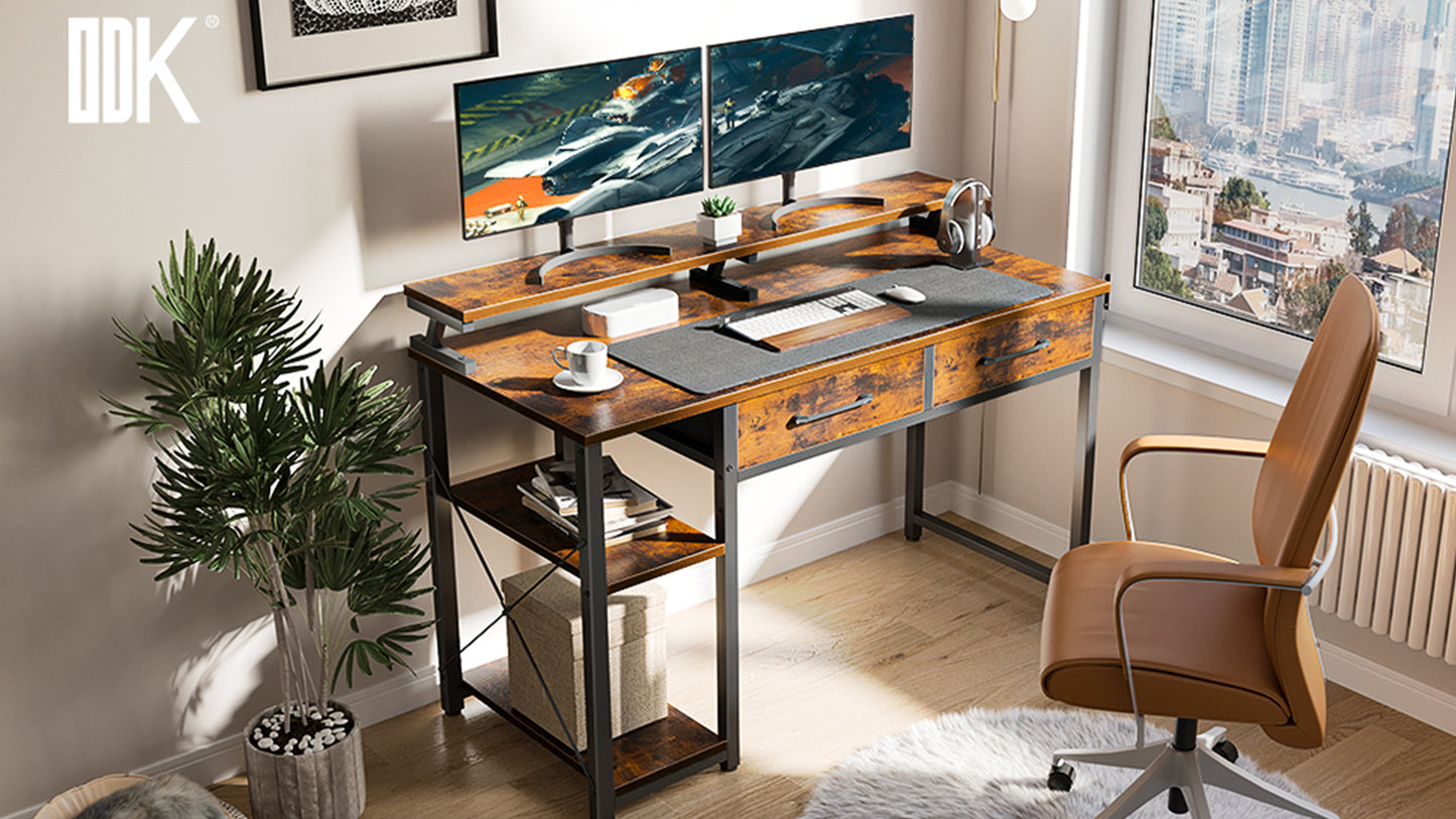 ODK Computer Desk with Drawers and Storage Shelves, 47 inch Home Office Desk with Monitor Stand, Work Study PC Desk for Small Spaces, White